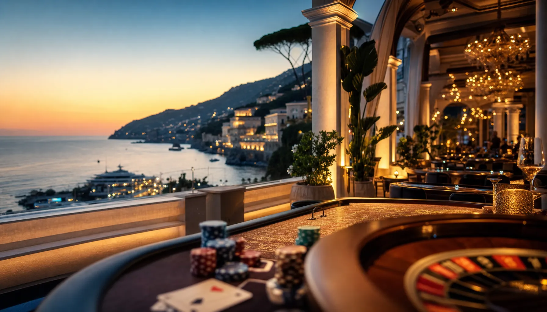 Cinematic luxury casino environment with warm gold lighting, playing cards, chips and roulette wheel in soft bokeh depth of f
