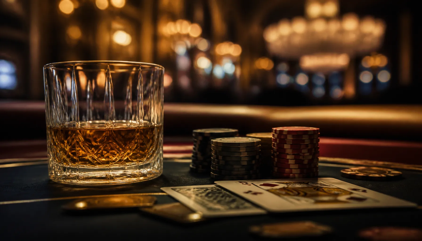 Fanned playing cards with gold accents resting on a dark velvet surface under warm cinematic light