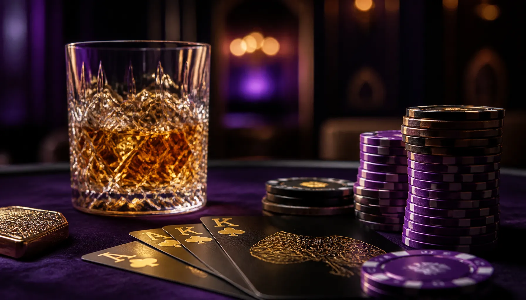 Fanned playing cards with gold accents resting on a dark velvet surface under warm cinematic light
