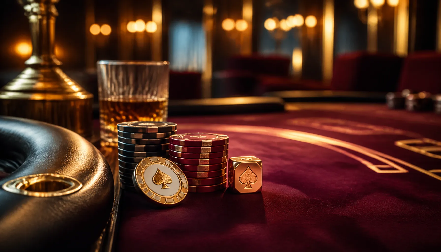 Fanned playing cards with gold accents resting on a dark velvet surface under warm cinematic light