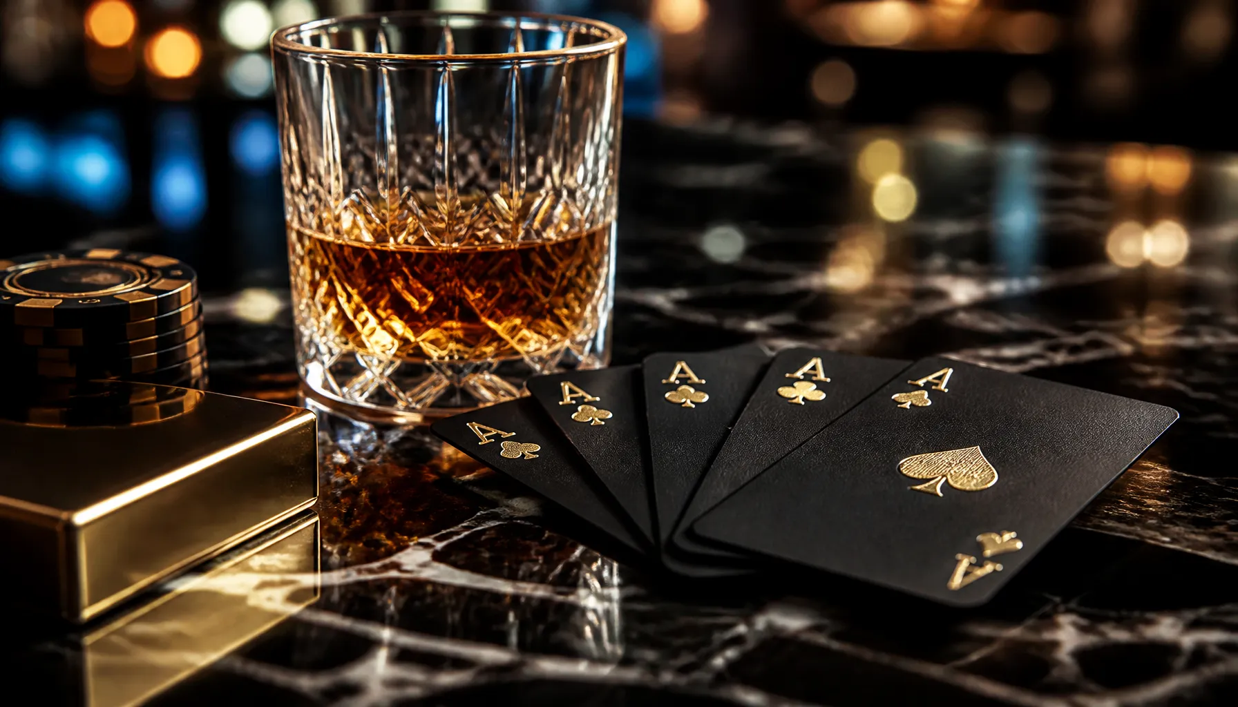 Fanned playing cards with gold accents resting on a dark velvet surface under warm cinematic light