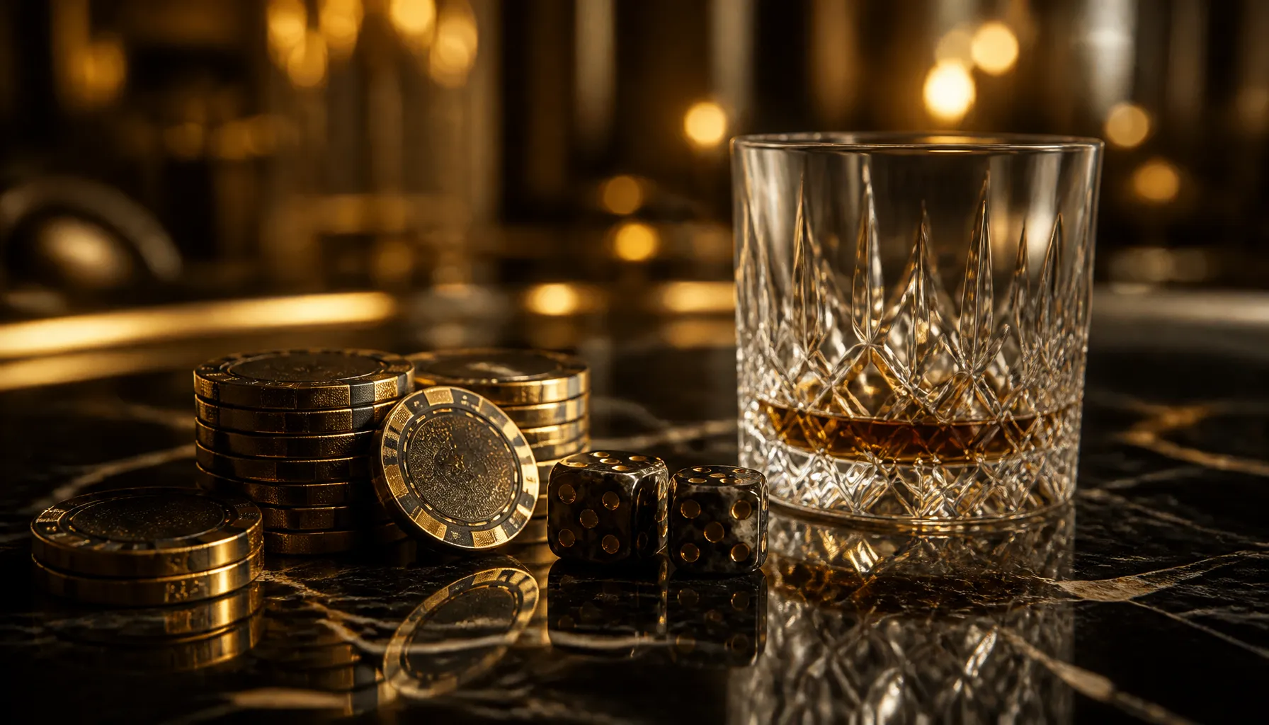 Fanned playing cards with gold accents resting on a dark velvet surface under warm cinematic light